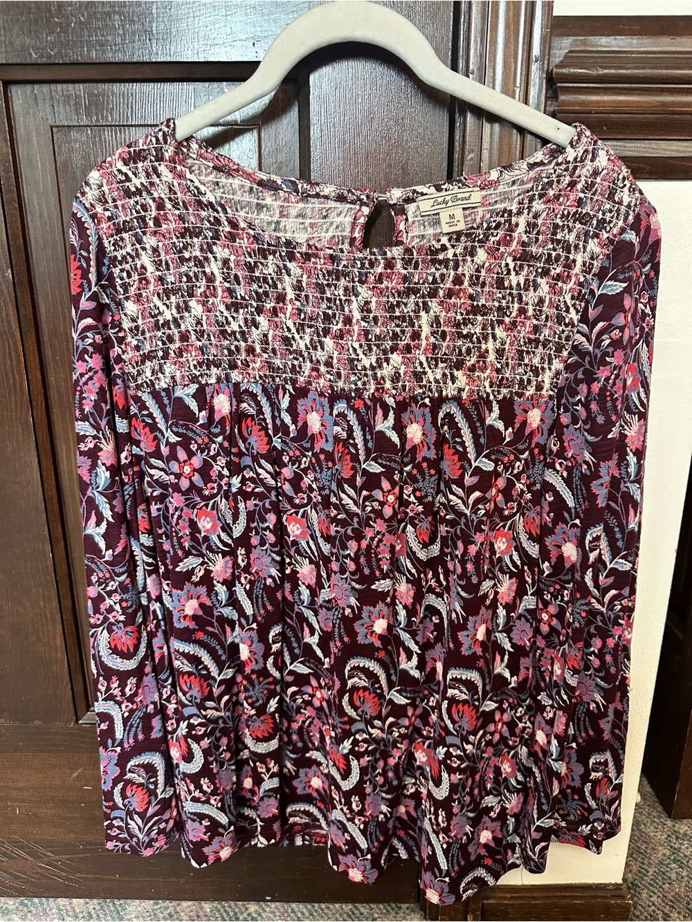 Lucky Brand Boho Floral Smocked Yoke Long Sleeve Top